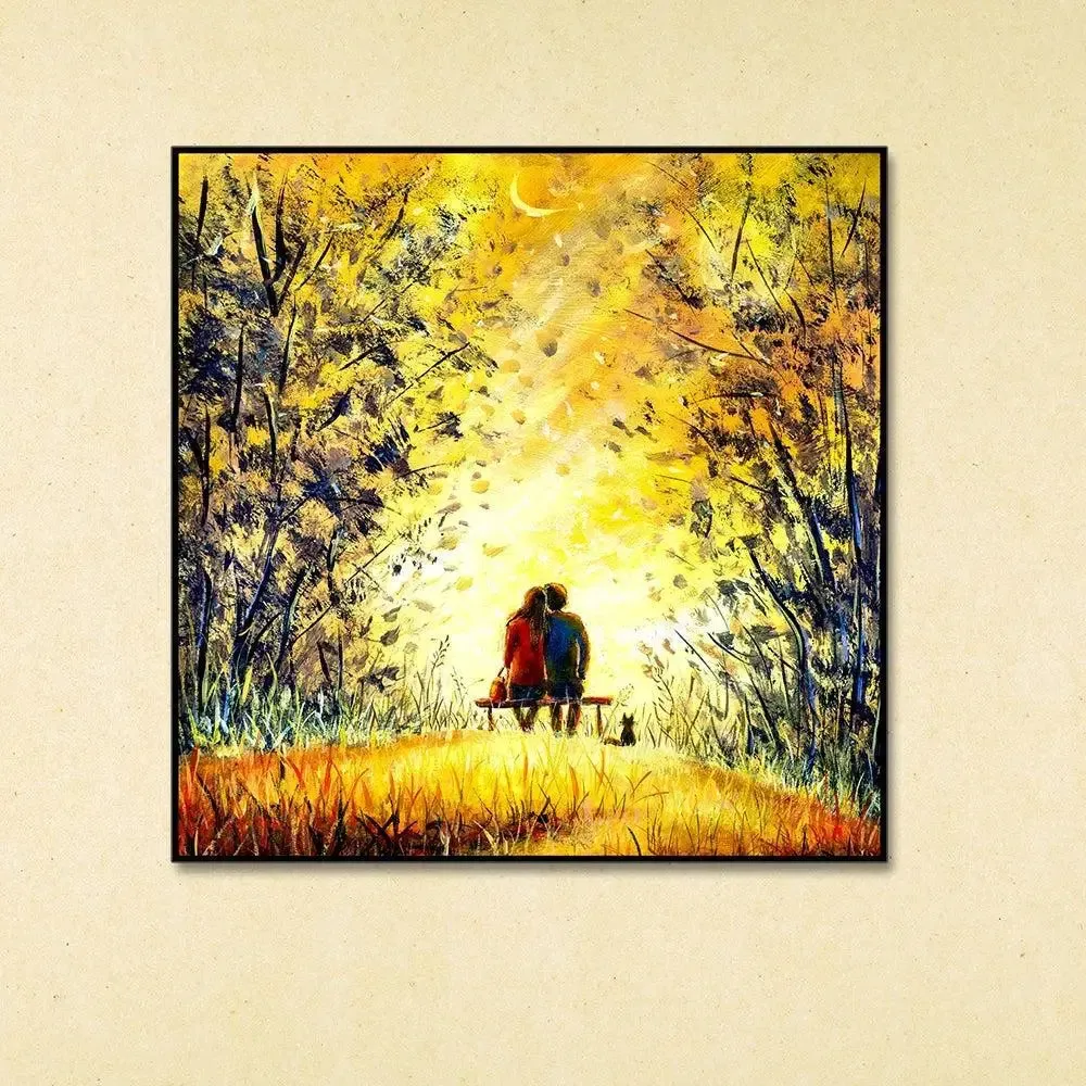 Romantic Couple At Night Canvas Painting With Black Floating Frame Size: 57 cm (H) X 57 cm (W)