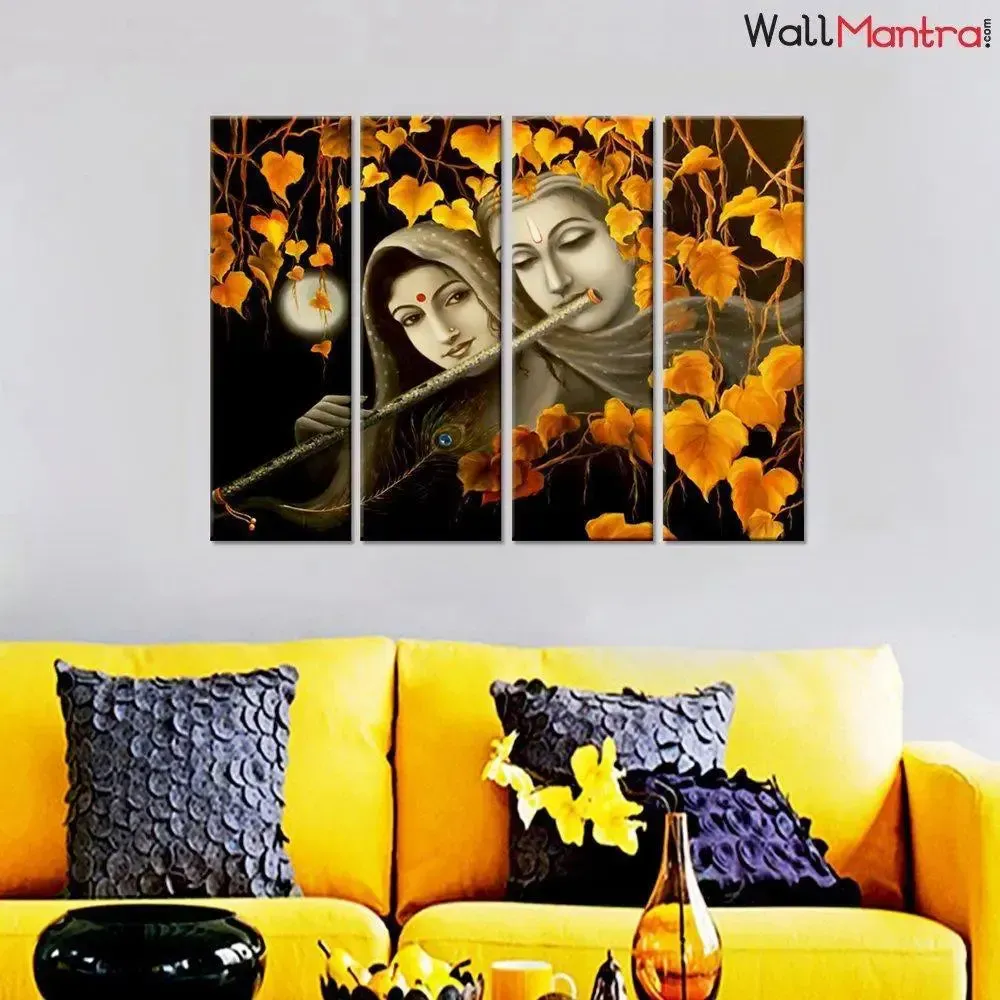 Sepia Tone Radha Krishna Wooden Framed 4 Pieces Canvas Painting